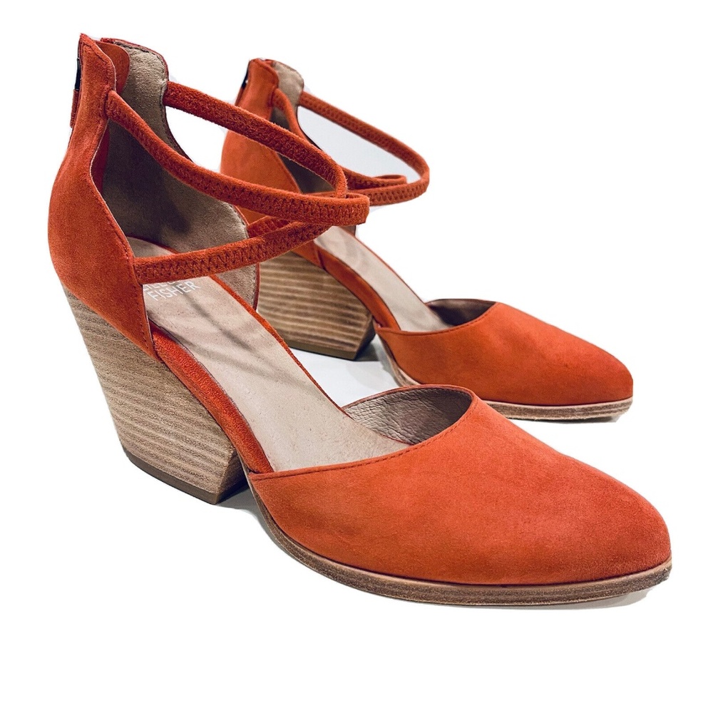 EILEEN FISHER Tilda Pumps Heels Brick Orange Suede Womens Strappy Zip Shoes Sz 7